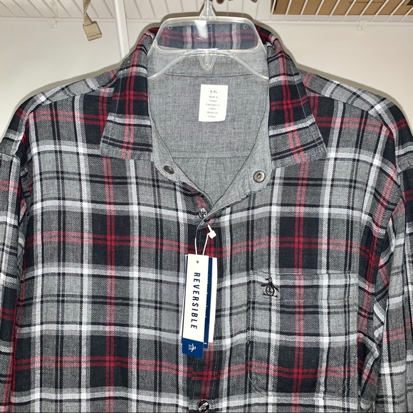 Penguin Reversible Plaid Long Sleeve Shirt Red L - Picture 1 of 7